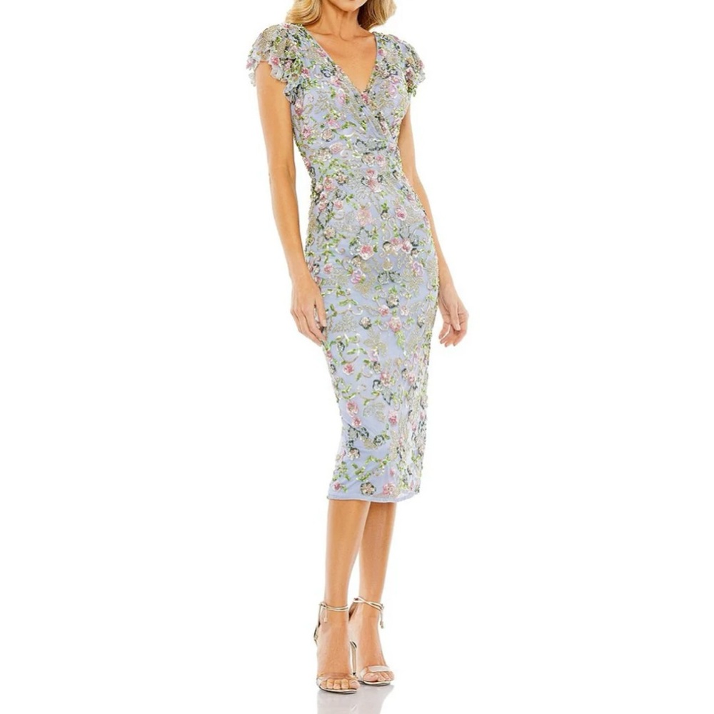 Mac Duggal Sequin Embroidered V-Neck Flutter Cap Sleeve Midi Sheath Dress size 6